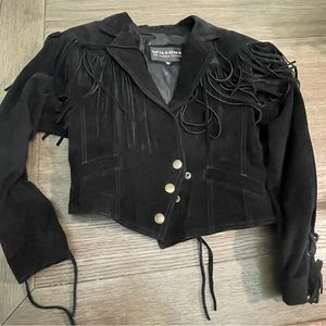 Wilsons Black Suede Leather Fringe Snaps Buttton Jacket Women's Vtg  M